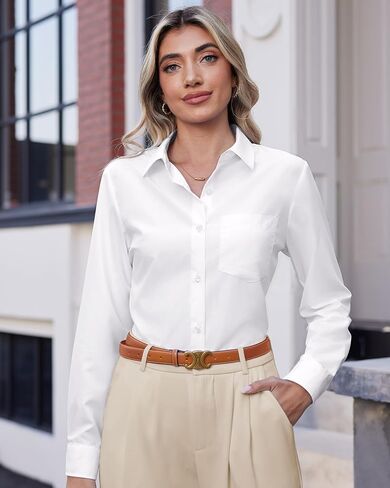 J.Ver Womens Button Down Dress Dress Solid Long Sleeve Grinkle Free Solial Collared Shirt Disual Business Blouse مع جيب in Saudi Arabia