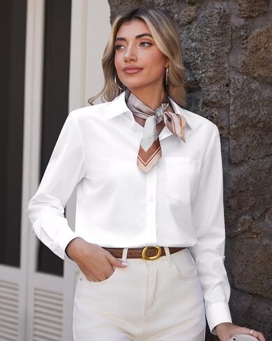 J.Ver Womens Button Down Dress Dress Solid Long Sleeve Grinkle Free Solial Collared Shirt Disual Business Blouse مع جيب in Saudi Arabia
