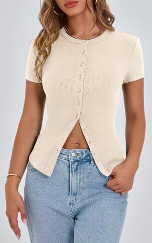 PRETTYGARDEN Women's Short Sleeve Summer Tops 2025 Trendy Ribbed Knit Button Up Tight Basic Tees Shirts Going Out Y2K Clothes in Saudi Arabia