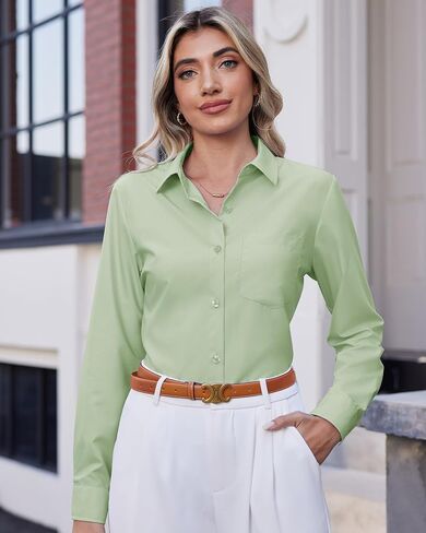 J.VER Womens Button Down Dress Shirts Solid Long Sleeve Wrinkle Free Formal Collared Shirt Casual Business Blouse with Pocket in Kuwait