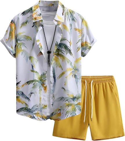 GORGLITTER Men's Summer Vacation Outfits Hawaiian Beach Floral Button Down Short Sleeve Shirt and Shorts Set in Kuwait