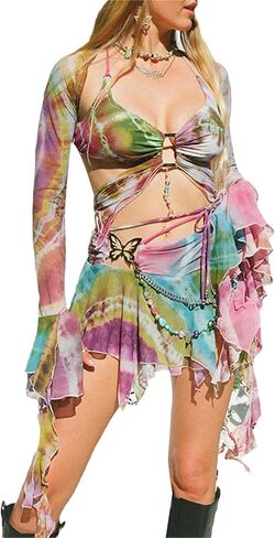 CAPE CLIQUE Rave Outfits for Womens Festival 2 Piece Skirt Set Summer Butterfly Top Y2K Mini Skirt Fairycore Beach Club in Saudi Arabia
