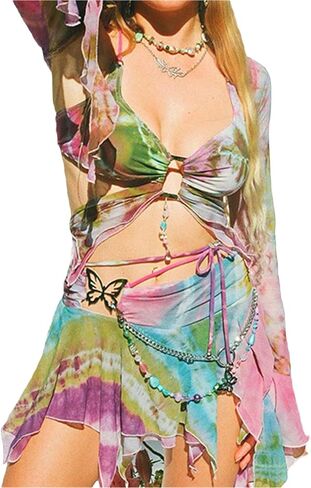CAPE CLIQUE Rave Outfits for Womens Festival 2 Piece Skirt Set Summer Butterfly Top Y2K Mini Skirt Fairycore Beach Club in Saudi Arabia