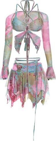 CAPE CLIQUE Rave Outfits for Womens Festival 2 Piece Skirt Set Summer Butterfly Top Y2K Mini Skirt Fairycore Beach Club in Saudi Arabia