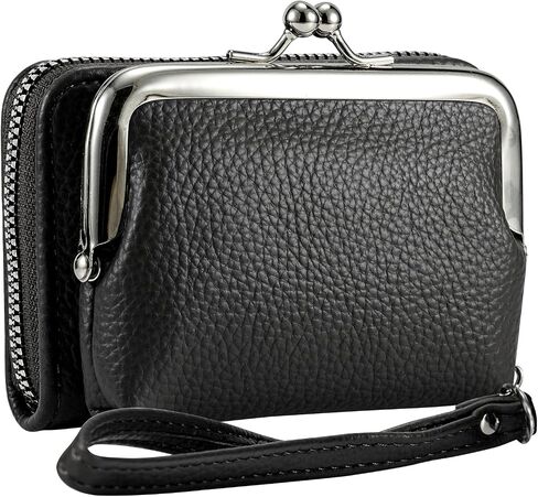Women's Wristlet Wallet with Coin Purse - 9 Slot Zipper Card Organizer, PU Leather Wrist Wallets for Women with Kiss Lock & Detachable Strap, Multi-Functional Compact Wallet(Black) in Kuwait