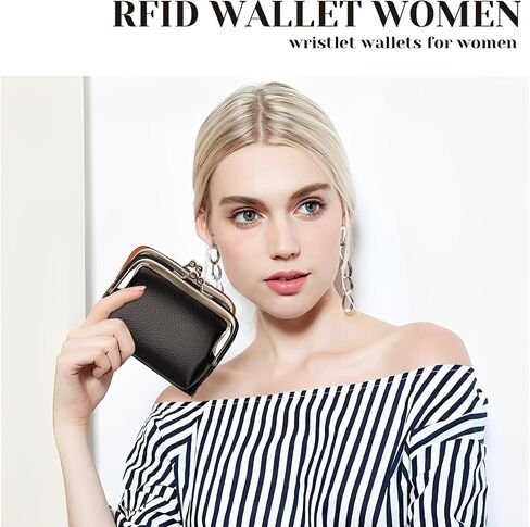 Women's Wristlet Wallet with Coin Purse - 9 Slot Zipper Card Organizer, PU Leather Wrist Wallets for Women with Kiss Lock & Detachable Strap, Multi-Functional Compact Wallet(Black) in Kuwait