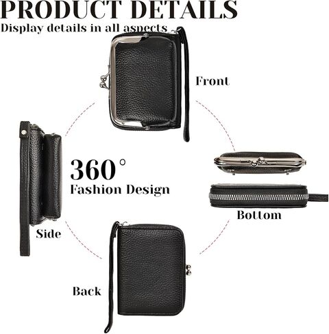Women's Wristlet Wallet with Coin Purse - 9 Slot Zipper Card Organizer, PU Leather Wrist Wallets for Women with Kiss Lock & Detachable Strap, Multi-Functional Compact Wallet(Black) in Kuwait