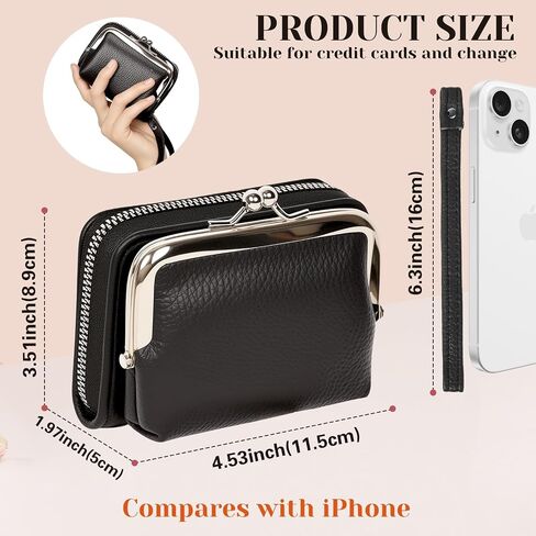 Women's Wristlet Wallet with Coin Purse - 9 Slot Zipper Card Organizer, PU Leather Wrist Wallets for Women with Kiss Lock & Detachable Strap, Multi-Functional Compact Wallet(Black) in Kuwait