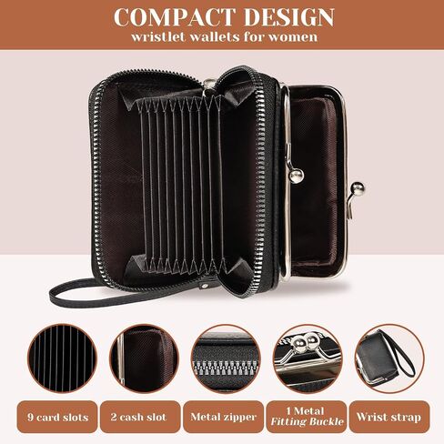 Women's Wristlet Wallet with Coin Purse - 9 Slot Zipper Card Organizer, PU Leather Wrist Wallets for Women with Kiss Lock & Detachable Strap, Multi-Functional Compact Wallet(Black) in Kuwait