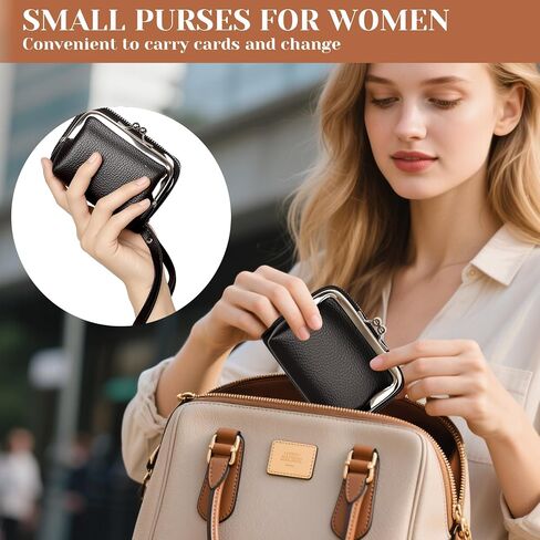 Women's Wristlet Wallet with Coin Purse - 9 Slot Zipper Card Organizer, PU Leather Wrist Wallets for Women with Kiss Lock & Detachable Strap, Multi-Functional Compact Wallet(Black) in Kuwait