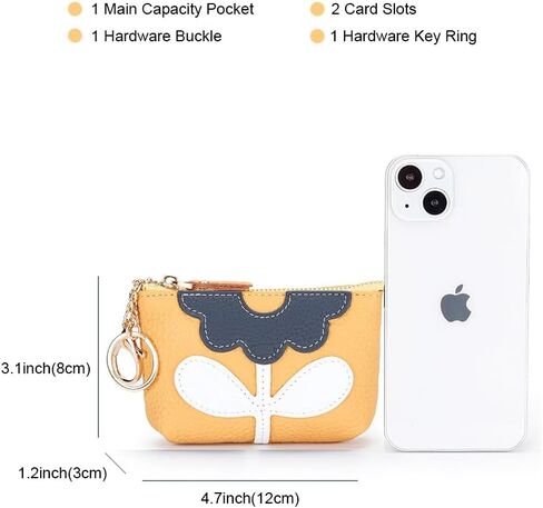 Genuine Leather Floral Zipper Coin Purse Key Change Holder With Key Ring for Women (Grey) in Kuwait