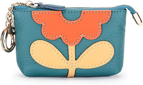 Genuine Leather Floral Zipper Coin Purse Key Change Holder With Key Ring for Women (Grey) in Kuwait