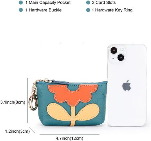 Genuine Leather Floral Zipper Coin Purse Key Change Holder With Key Ring for Women (Grey) in Kuwait