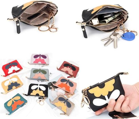 Genuine Leather Floral Zipper Coin Purse Key Change Holder With Key Ring for Women (Grey) in Kuwait