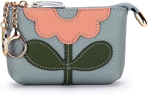 Genuine Leather Floral Zipper Coin Purse Key Change Holder With Key Ring for Women (Grey) in Kuwait