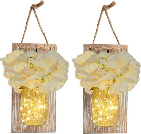 Mason Jar Sconce Rustic Home Wall Decor مع LED Fairy Lights - معلقة يدويًا ماسون جرة شمعدان 2 حزمة in Saudi Arabia