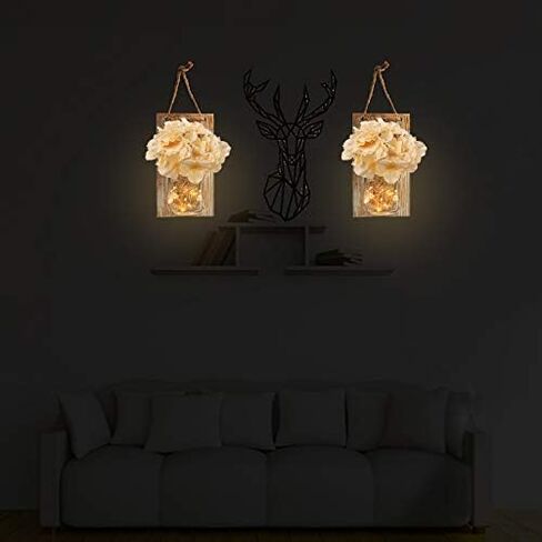 Mason Jar Sconce Rustic Home Wall Decor مع LED Fairy Lights - معلقة يدويًا ماسون جرة شمعدان 2 حزمة in Saudi Arabia