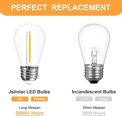 مصابيح Jslinter S14 LED، 25 حزمة، مصابيح سلسلة خارجية موفرة للطاقة 1 وات، 2700 ك أبيض دافئ، متين ومقاوم للماء، قاعدة E26، أجواء إديسون العتيقة، مثالية للفناء والحديقة وإضاءة الحفلات in Kuwait