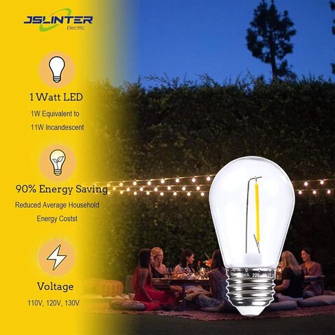 مصابيح Jslinter S14 LED، 25 حزمة، مصابيح سلسلة خارجية موفرة للطاقة 1 وات، 2700 ك أبيض دافئ، متين ومقاوم للماء، قاعدة E26، أجواء إديسون العتيقة، مثالية للفناء والحديقة وإضاءة الحفلات in Kuwait
