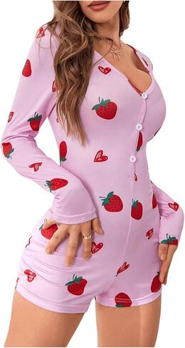 Wdirara Women's Strawberry Graphic Oneie Romper Pajama v Neck Long Sleeve Shorts Bodycon Overal Sleepwear in Saudi Arabia