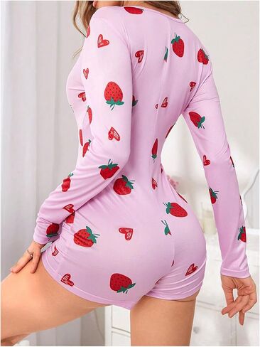 Wdirara Women's Strawberry Graphic Oneie Romper Pajama v Neck Long Sleeve Shorts Bodycon Overal Sleepwear in Saudi Arabia