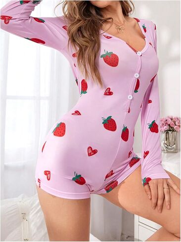 Wdirara Women's Strawberry Graphic Oneie Romper Pajama v Neck Long Sleeve Shorts Bodycon Overal Sleepwear in Saudi Arabia