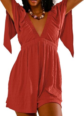 Womens Summer Short Sleeve Romper V Neck Jumpsuits with Cinched Waistline Casual Outfits with Side Pockets in Saudi Arabia