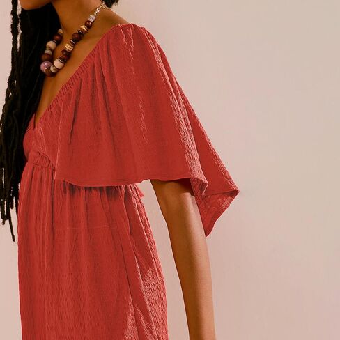 Womens Summer Short Sleeve Romper V Neck Jumpsuits with Cinched Waistline Casual Outfits with Side Pockets in Saudi Arabia