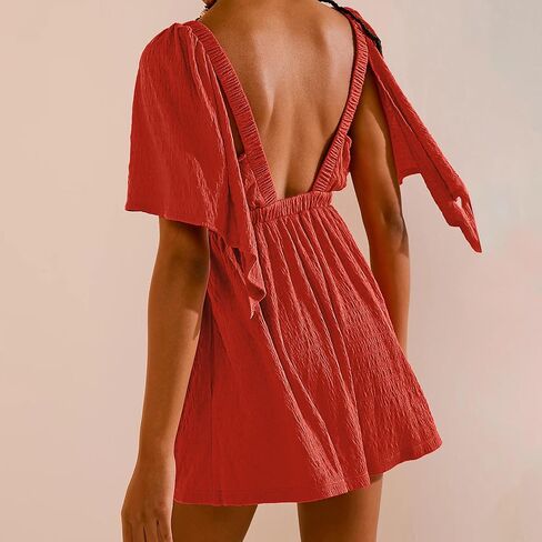 Womens Summer Short Sleeve Romper V Neck Jumpsuits with Cinched Waistline Casual Outfits with Side Pockets in Saudi Arabia