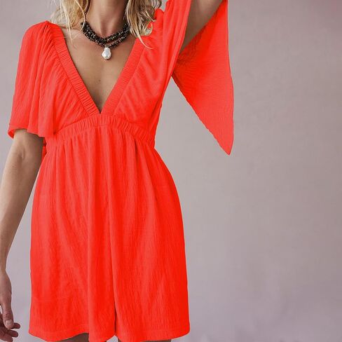 Womens Summer Short Sleeve Romper V Neck Jumpsuits with Cinched Waistline Casual Outfits with Side Pockets in Saudi Arabia