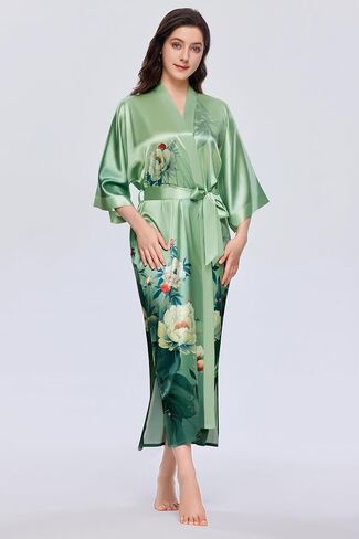 PRODESIGN Kimono Robes for Women - Long Satin Sleepwear Silky Nightgown Bathrobe Floral Dressing Gown Blouse Wedding Robe in Kuwait