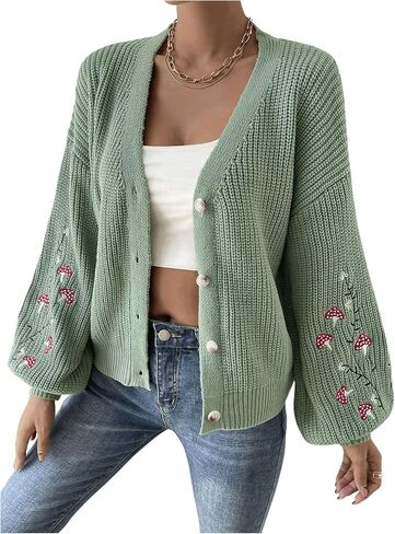 SHENHE Women's Embroidery Cardigan Drop Shoulder Button Front Duster Knit Sweater in Saudi Arabia