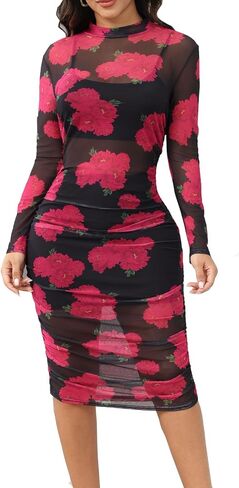 نساء مثير انظر من خلال شبكة طويلة الأكمام ruched midi فساتين المحاصيل أعلى bodycon تنورة 3 قطعة ملابس مجموعة النادي in Kuwait