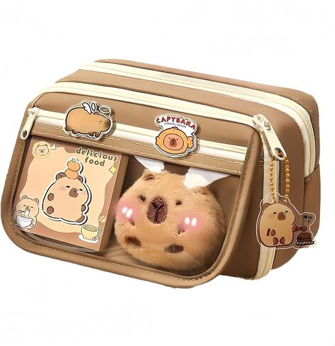 Kawaii Capybara Makeup Bag Kit, Plush Doll+20 Stickers+2 Brooches+Sticky Notes+Pendant, 9-Layer Large-Capacity Pencil Case (Brown) in Kuwait