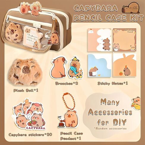 Kawaii Capybara Makeup Bag Kit, Plush Doll+20 Stickers+2 Brooches+Sticky Notes+Pendant, 9-Layer Large-Capacity Pencil Case (Brown) in Kuwait