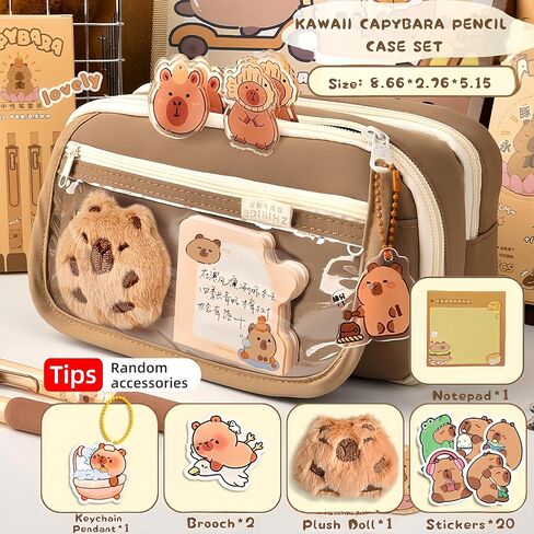 Kawaii Capybara Makeup Bag Kit, Plush Doll+20 Stickers+2 Brooches+Sticky Notes+Pendant, 9-Layer Large-Capacity Pencil Case (Brown) in Kuwait