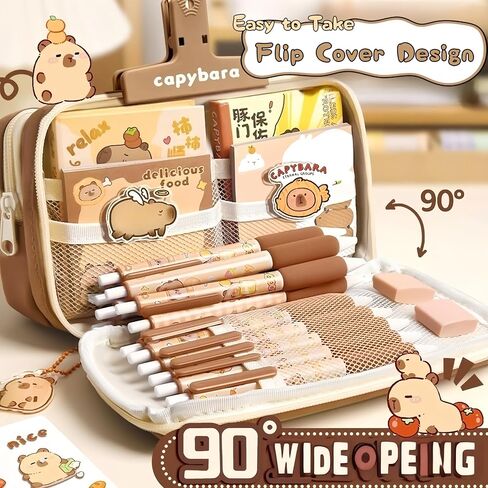 Kawaii Capybara Makeup Bag Kit, Plush Doll+20 Stickers+2 Brooches+Sticky Notes+Pendant, 9-Layer Large-Capacity Pencil Case (Brown) in Kuwait