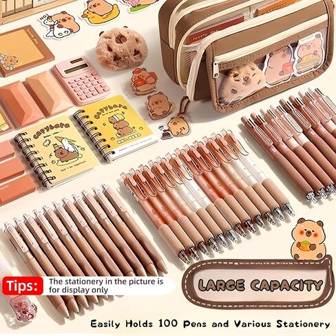 Kawaii Capybara Makeup Bag Kit, Plush Doll+20 Stickers+2 Brooches+Sticky Notes+Pendant, 9-Layer Large-Capacity Pencil Case (Brown) in Kuwait