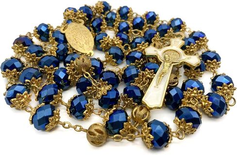 Nazareth Store Sky Blue Rosary St Benedict Crystallized 10mm Beads Rosary Necklace Gold Plated Miraculous Medal & Cross Crucifix in Kuwait