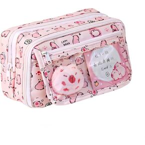 Kawaii Capybara Makeup Bag Kit, Plush Doll+20 Stickers+2 Brooches+Sticky Notes+Pendant, 9-Layer Large-Capacity Pencil Case (Brown)