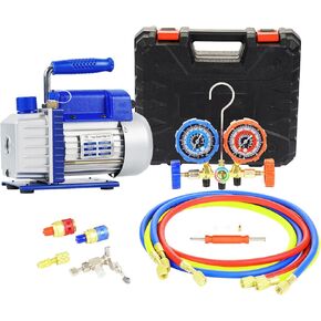 3CFM 1/4HP مضخة فراغ مرحلة واحدة ومقياس مشعب 3 اتجاهات محددة ل R12 ، R22 ، R134A ، R502 المبردات لإعادة شحن وصيانة تبريد HVAC ، لا يوجد زيت مشمولة