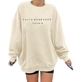 FRYAID Christian Sweatshirt Women Faith Over Fear Christian Religious Sayings Pullover Shirt Letter Print Long Sleeve Tops