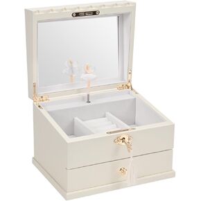 Lihou Papaq Ballerina Ballerina Medical Jewelry Box مع مرآة وقفل للبنات ， مربع موسيقى تخزين المجوهرات للأطفال ، هدايا لقضاء العطلات (طبقة بيضاء -dooble)