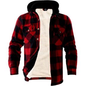 Mens Heavyweight Hoodies Casual Zip Up Plaid Flannel Shirt Jackets Winter Thick Berber Lined Fleece Coat