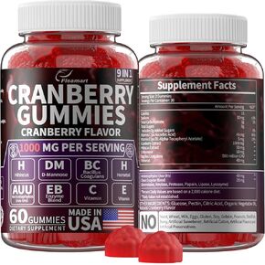 Granberry Gummies 1000 mg للنساء والرجال المصابين بـ D Mannose Hibiscus & Vitamin C وفيتامين E يدعمون المسالك البولية بصحة جيدة في الولايات المتحدة الأمريكية 60 نكهة التوت البري
