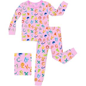 Bamboo Viscose Toddler Girls Kids Pajama مجموعات 4-5T FIT FIT Long-Sleeve Sleepwear PJS 2PCS Jammies alphabet zoo