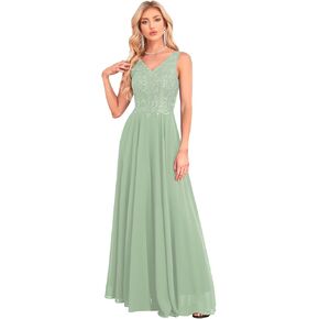 2025 Women’s Spaghetti Straps Bridesmaid Wedding Guests Dress Long Lace Appliques V-Neck Chiffon Prom Dress