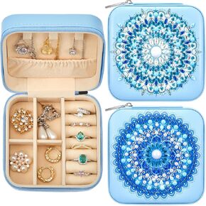 Hinly 2 PCS Portable Diamond Painting Jewelry Storage Box Mandala Diamond Art Accesories Blue Pu Leather Jewelry Ring Ring Case Travel Jewelry Organizer