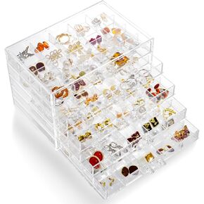 Earring Holder Organizer Acrylic Earring Storage Box for Girls Women Jewelry Organizer Display Case with 100 Small Compartment (Clear, 5 Drawers)