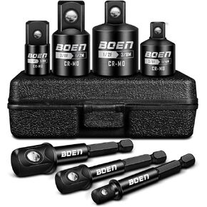 BOEN 7 Pieces Impact Socket Adapter and Reducer Set, 1/4" & 3/8" & 1/2" Drive Socket Adapter Set and 1/4" Drive SAE Hex Shank with Storage Case